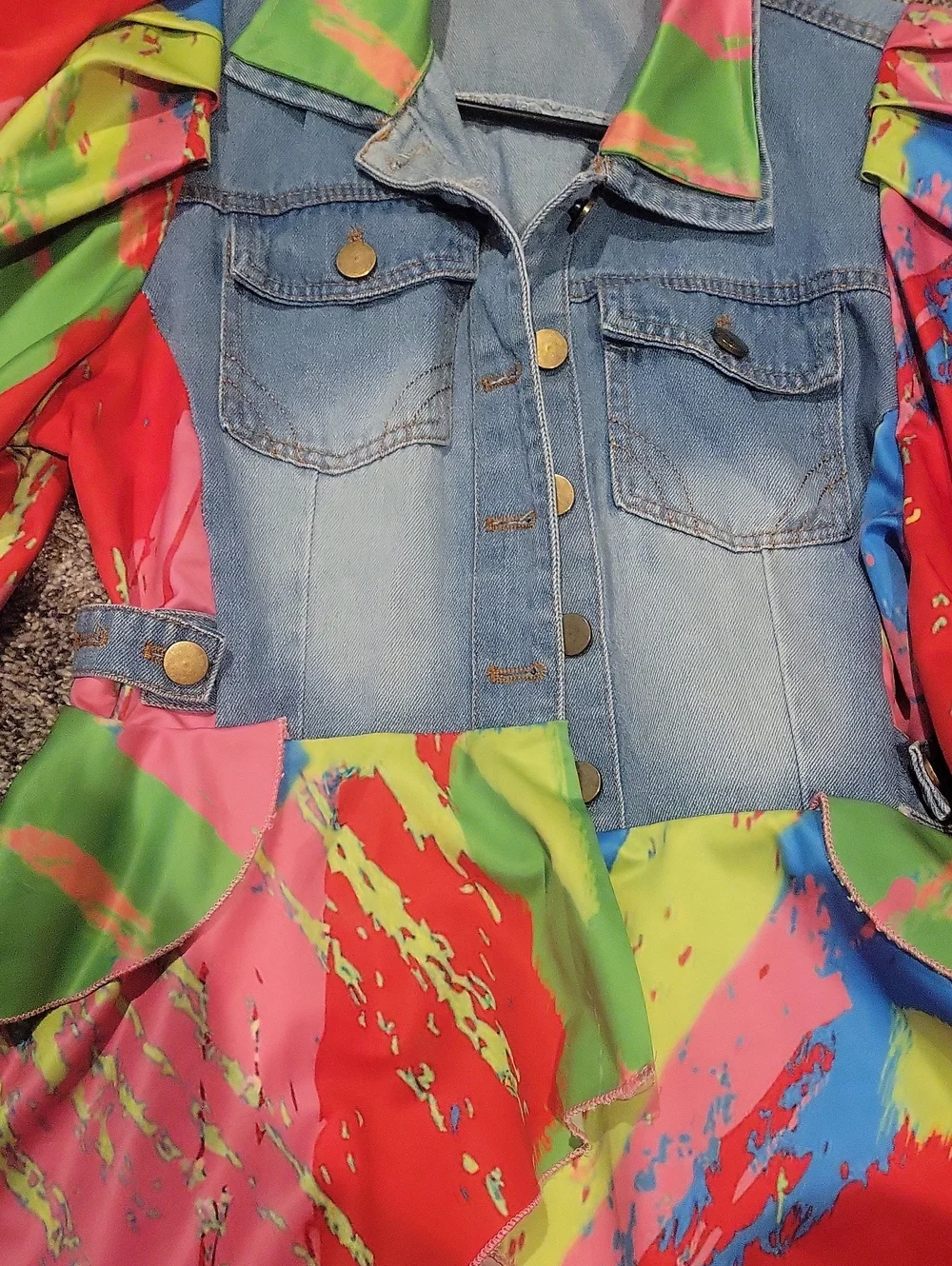 Denim Jacket with Bright Multicolor Splash Sleeves
